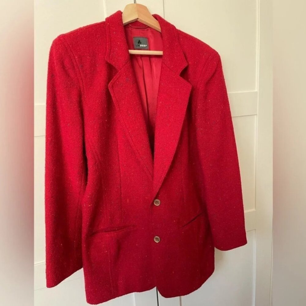 Red nubby wool blazer women’s 8 vintage, lined, long fit, 90’s academic, career